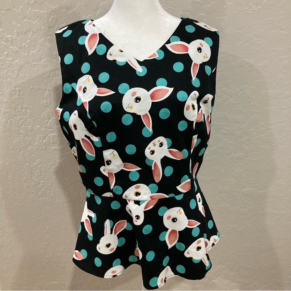 Dressever Bunny & Polka Dot Peplum Sleeveless Top Size L